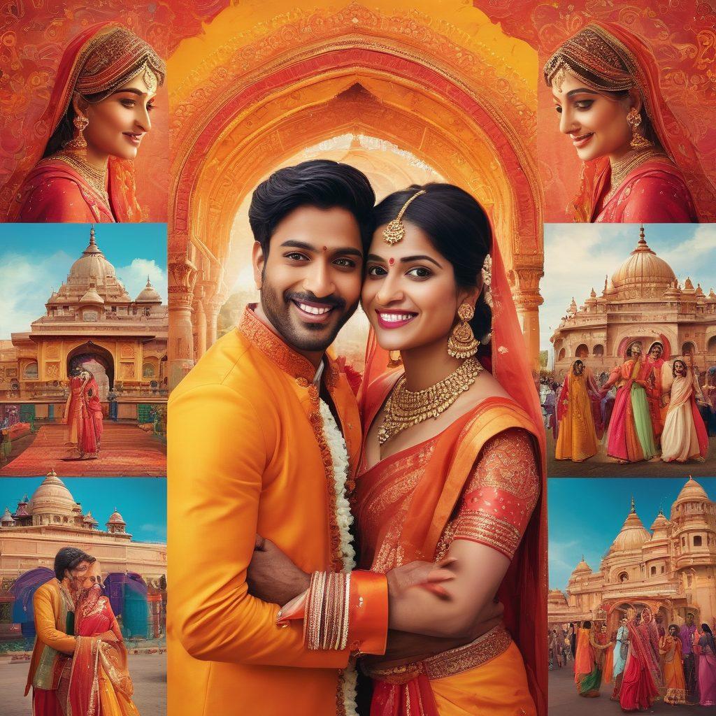 A vibrant collage showcasing diverse Indian love stories transitioning from dramatic scenes to comedic moments. Include traditional elements like an ornate Indian wedding, colorful street festivals, and expressive characters with exaggerated emotions, reflecting both love and humor. Use a harmonious blend of warm and bright colors to evoke joy and warmth while maintaining Indian cultural aesthetics. A hint of the Indian landscape in the background adds depth. super-realistic. vibrant colors. dynamic composition.