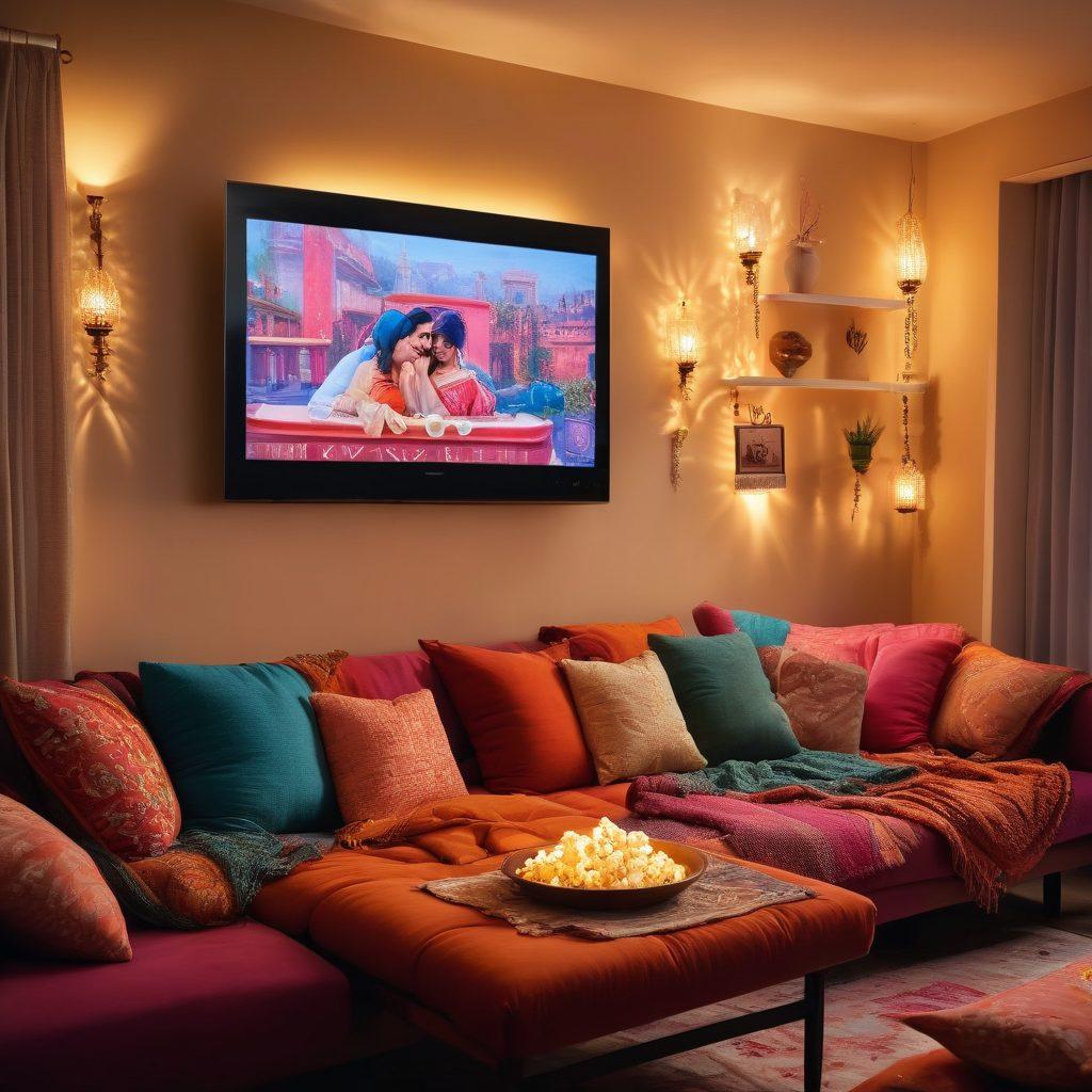 A cozy living room setting with a large screen displaying romantic scenes from various Apna TV shows, soft cushions scattered around, popcorn bowls, and warm ambient lighting. A couple is snuggled up on a couch, joyfully engaged in watching, surrounded by heart motifs and subtle hints of the Indian romantic culture. The atmosphere exudes love and comfort, celebrating binge-watching. vibrant colors. cozy atmosphere. super-realistic.