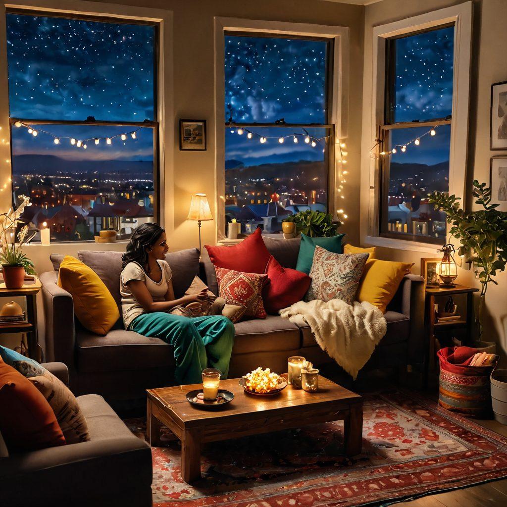 A cozy living room scene featuring a couple snuggled up on a sofa, surrounded by popcorn and vibrant pillows, watching a romantic Indian love story on a television. The room is softly lit with fairy lights creating a warm ambiance. Include decorative elements like traditional Indian artwork and a coffee table with tea cups and snacks. A window shows a starlit sky outside. vibrant colors. cozy atmosphere. super-realistic.